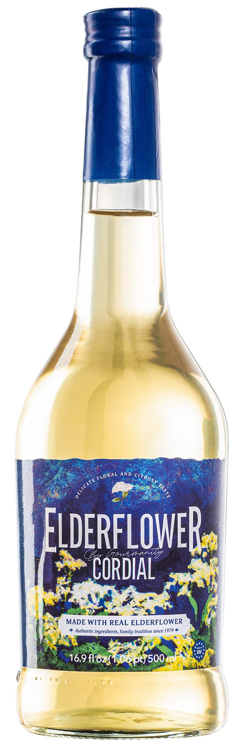 Gourmanity Elderflower Syrup, 60% Real Fruit, 3 Ingredient Elderflower Cordial, Floral &amp; Fresh Elderberry Flower Syrup (500ml/16.9 fl oz Glass Bottle)