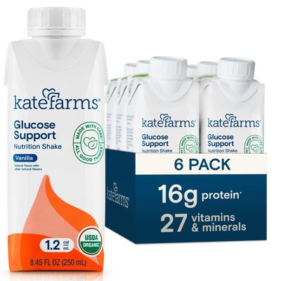 KATE FARMS Organic Plant Based 1.2 Glucose Support Shake, Vanilla, 16g Protein, 27 Vitamins and Minerals, Diabetic Nutrition Meal Replacement, Gluten Free and Non-GMO, 8.45 oz (6 Pack)