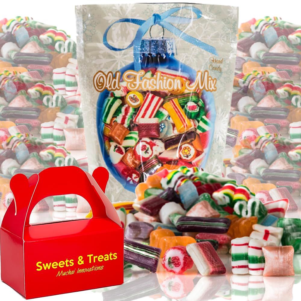 Classic Christmas Holiday Candy Gift Bag | Nostalgic Old Fashion Hard Candy | Party Deco Ice Cream &amp; Cookie Topping Bark Brittle | Muchai Treat Box Included. (Old Fashion Mix Hard Candy - 1 Bag)