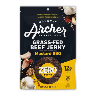 Country Archer Grass Fed Beef Jerky Mustard BBQ - Zero Sugar Beef Jerky, Sugar Free Beef Jerky Snack Pack, Mustard BBQ Beef Jerky Bulk, Individual Beef Jerky Pack, Gluten Free, Paleo- 2 oz (Pack of 6)