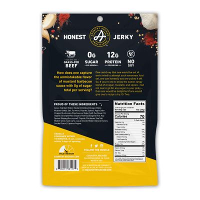 Country Archer Grass Fed Beef Jerky Mustard BBQ - Zero Sugar Beef Jerky, Sugar Free Beef Jerky Snack Pack, Mustard BBQ Beef Jerky Bulk, Individual Beef Jerky Pack, Gluten Free, Paleo- 2 oz (Pack of 6)