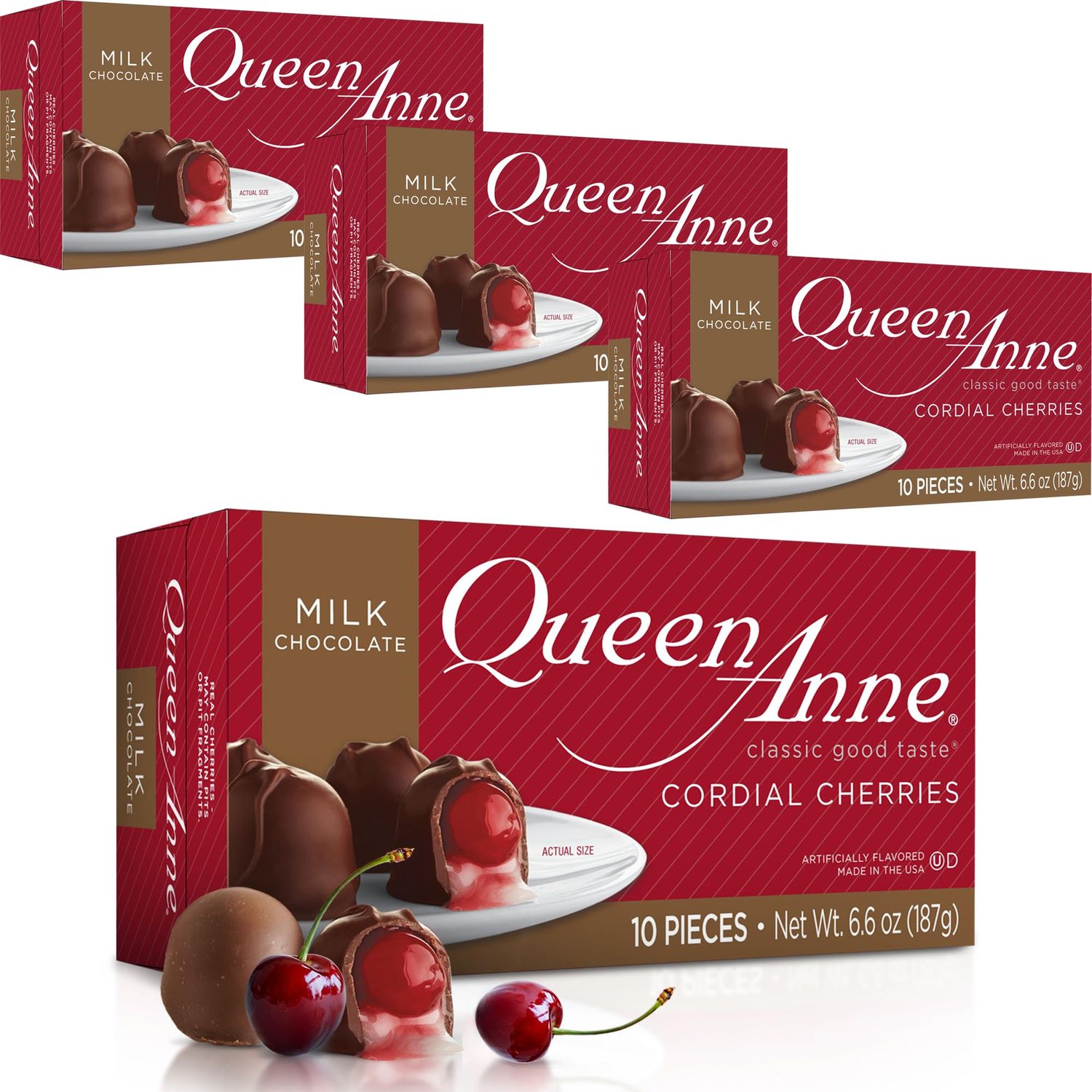 Queen Anne Milk Chocolate Covered Cordial Cherries | 6.6 oz (Pack of 4) | 10 Piece Gift Boxes | Whole Cherry Sweet Creamy Fruity Flavor | Holiday Candy
