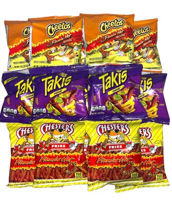 Hot Chips Variety Pack - Takis Fuego, Flamin&#39; Hot Cheetos, and Chester&#39;s Hot Fries Pack of 12 with a Mystery Item, Perfect Snack with a Surprise
