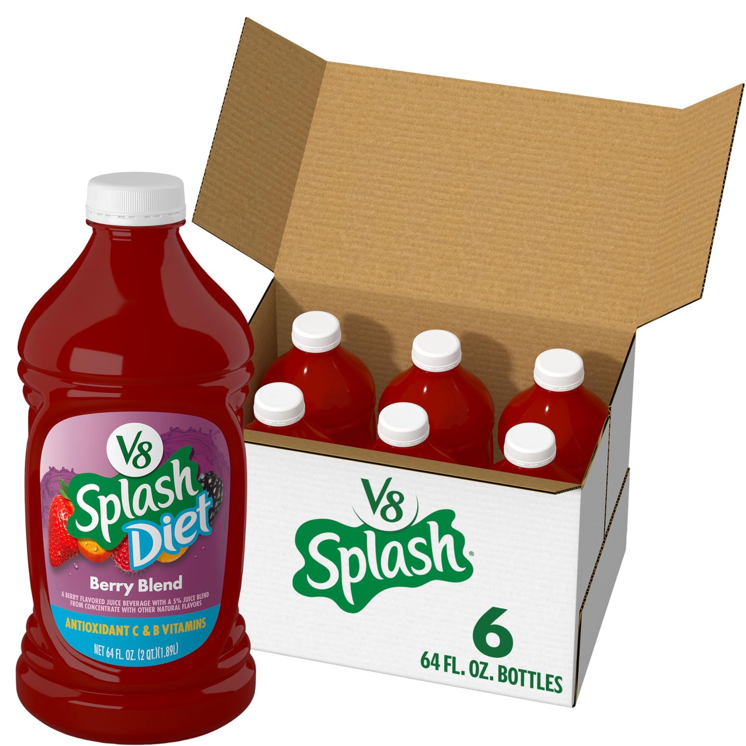 V8 Splash Diet Berry Blend Flavored Juice Beverage, 64 fl oz Bottle (6 Pack)