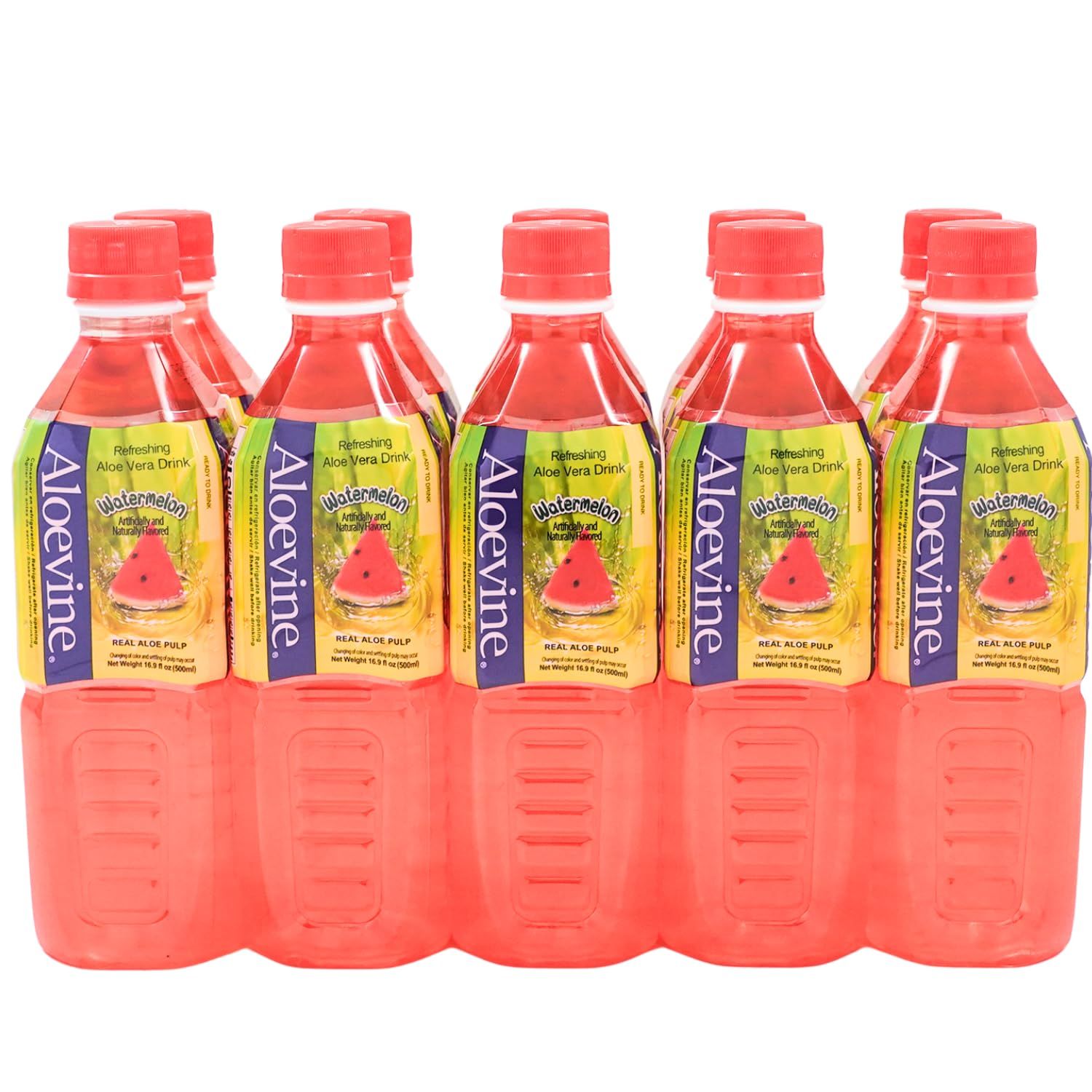 ALOEVINE Aloe Vera Juice drink Watermelon pure with chunks of aloe | 16.9 Oz 10 pack | plant based Vegetable Korean drinks