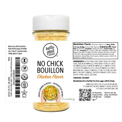 Hella Phat Vegan No Chick Bouillon - Lower Sodium, Flavor-Packed Vegan Broth Powder - Gluten-Free, Non-GMO for Soups, Ramen, Gravy &amp; More - Easy-Dispense, Leak-Proof Shaker Bottle