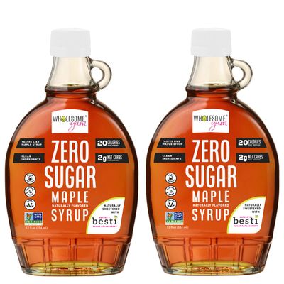 Wholesome Yum Zero Sugar Maple Syrup (Keto Maple Syrup) With Monk Fruit &amp; Allulose - Natural Sugar Free Pancake Syrup - Non GMO, Low Carb, Gluten Free, Vegan, No Aftertaste (12 fl oz, 2 Pack)