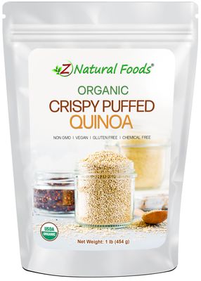 Z Natural Foods Organic Crispy Puffed Quinoa - Real Crisped Quinoa Vegan Superfood - Healthy Quinoa Crisps Snacks for Adults &amp; Kids - Crispy Quinoa Puffs for Baking, Snacks, Yogurts, Gluten-Free, 1 lb
