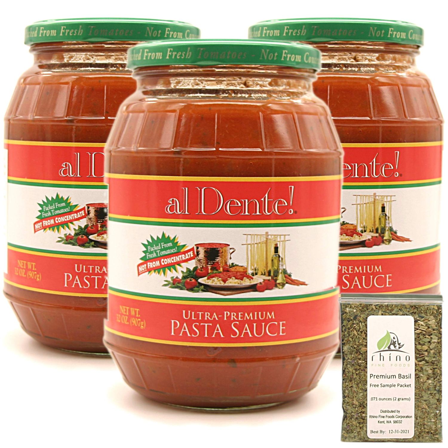 al Dente!, Stanislaus Ultra Premium Pasta Sauce (Fully Prepared, Ready For Vera Cucina Enjoyment), 32 oz (Pack of 3) + Bundle with Premium Basil Leaves from Rhino Fine Foods.071 oz