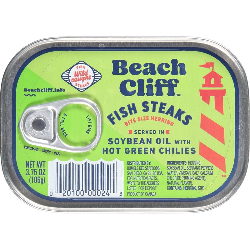 Beach Cliff Wild Caught Fish Steaks in Soybean Oil with Green Chilies, 3.75 oz Can - 16g Protein per Serving - Gluten Free, Keto Friendly - Great for Pasta &amp; Seafood Recipes