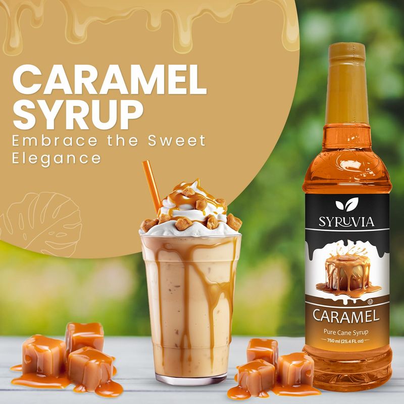 Syruvia 4 Pack Caramel Syrup for Coffee - Rich Caramel Coffee Syrup Flavor, 25.4 fl oz, Kosher, Gluten Free, Ideal for Caramel-Infused Coffee &amp; Drinks, Desserts, and More, No Coloring,
