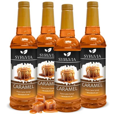 Syruvia 4 Pack Caramel Syrup for Coffee - Rich Caramel Coffee Syrup Flavor, 25.4 fl oz, Kosher, Gluten Free, Ideal for Caramel-Infused Coffee &amp; Drinks, Desserts, and More, No Coloring,