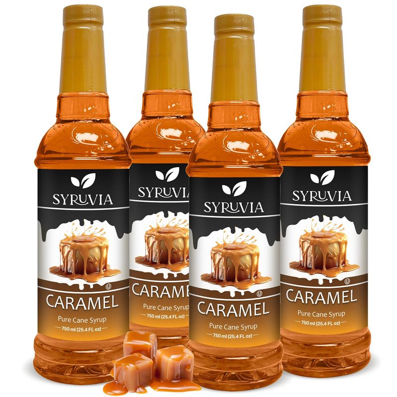 Syruvia 4 Pack Caramel Syrup for Coffee - Rich Caramel Coffee Syrup Flavor, 25.4 fl oz, Kosher, Gluten Free, Ideal for Caramel-Infused Coffee &amp; Drinks, Desserts, and More, No Coloring,