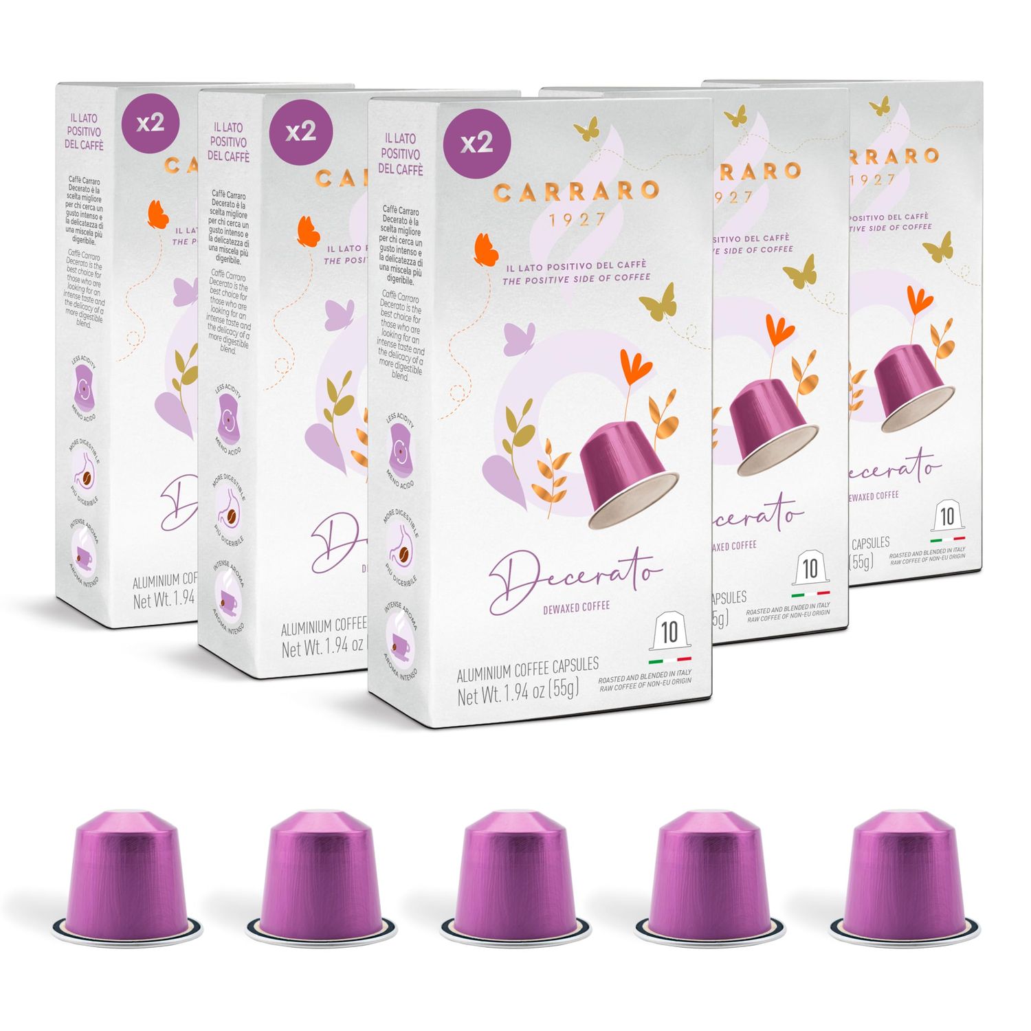 Carraro Decerato - x100 Aluminium Coffee Pods Compatible with Nespresso Original line - Dewaxed, Wellness, Low Acidity, More Digestible, Intense Aroma, Medium Roast Coffee Capsules Made in Italy