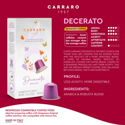 Carraro Decerato - x100 Aluminium Coffee Pods Compatible with Nespresso Original line - Dewaxed, Wellness, Low Acidity, More Digestible, Intense Aroma, Medium Roast Coffee Capsules Made in Italy