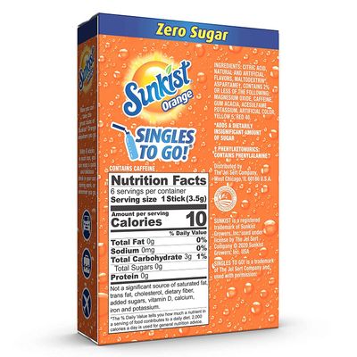 Sunkist Singles To Go Drink Mix Orange,3 Boxes with 6 Packets Each -18 Total Servings