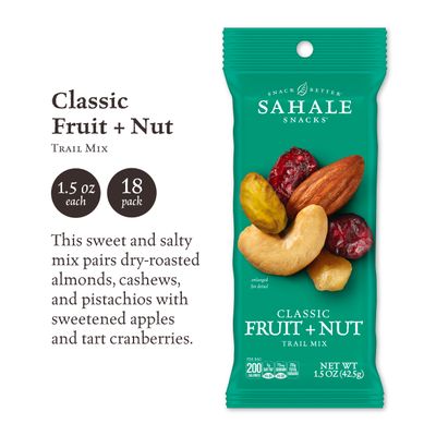 Sahale Snacks Classic Fruit and Nut Trail Mix, 1.5 Oz Grab &amp; Go Bags (18 Packs) - Dry-Roasted Deluxe Mixed Nuts with Apples and Cranberries - Non-GMO, Kosher Trail Mix &amp; Certified Gluten-Free Snacks