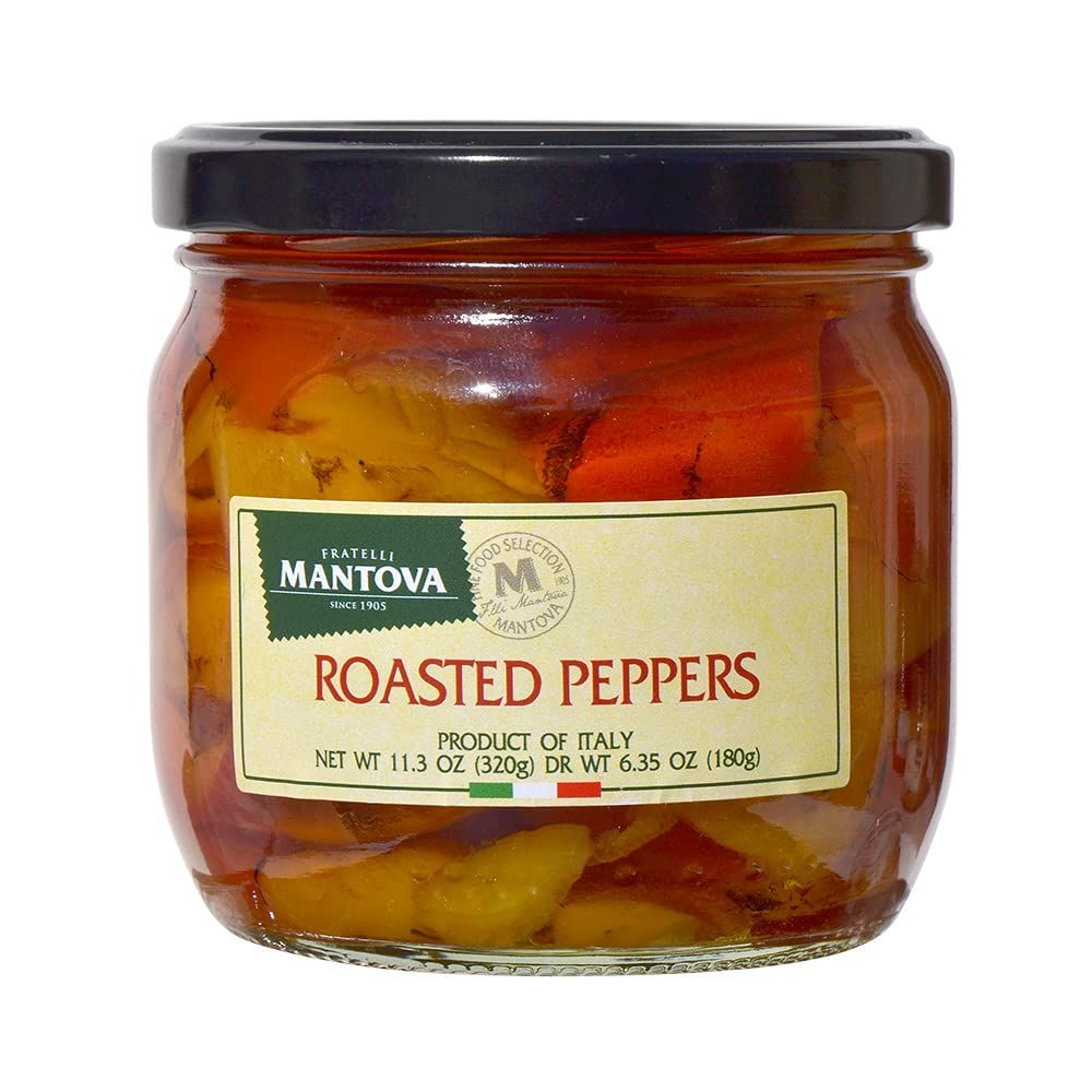 Mantova Roasted Peppers, 11.3 oz. (Pack of 2), Product of Italy, All-Natural, Lightly Roasted Bell Peppers, Vegan-Friendly, Non-GMO, No Artificial Coloring, Flavoring, or Preservatives