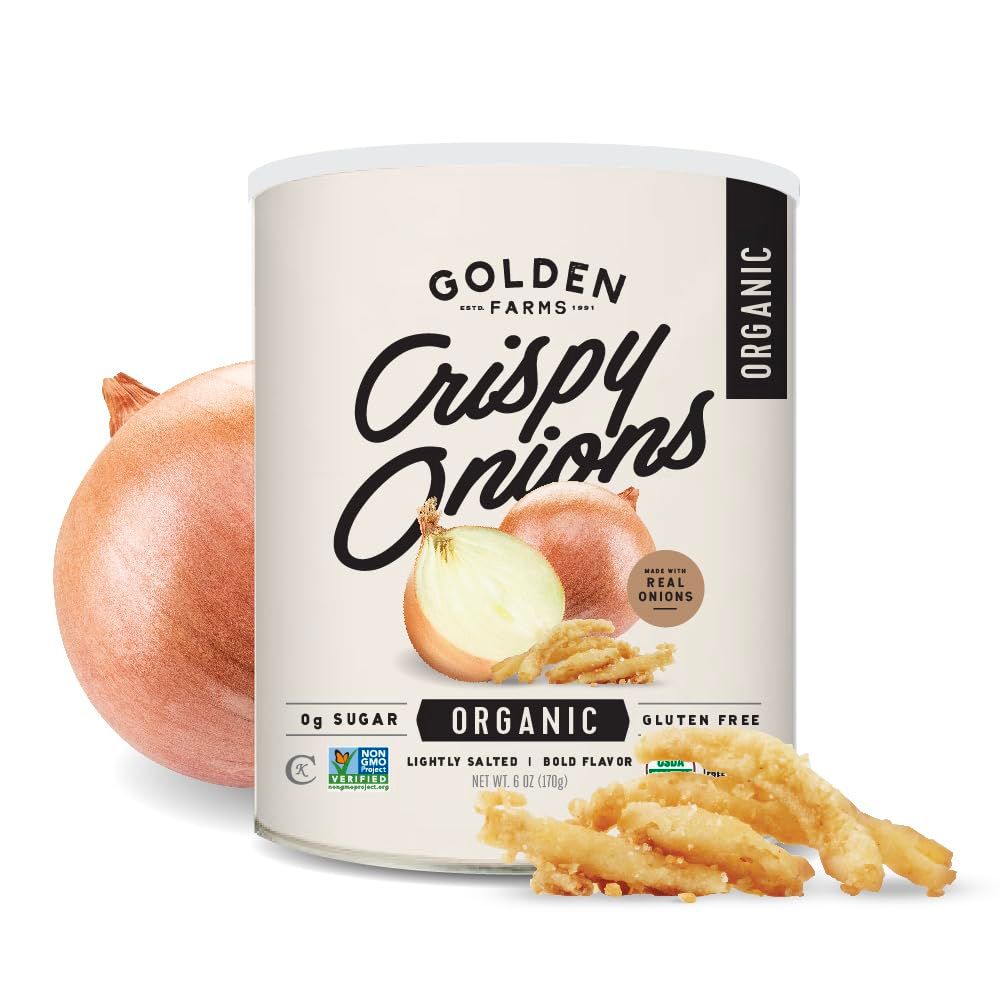 Golden Farms Organic Crispy Fried Onions - Kosher, Vegan, Gluten-Free, NON-GMO, USDA Organic - 12 Oz (Two Pack, 6oz each) Great on Salads, Burgers and Green Bean Casseroles.