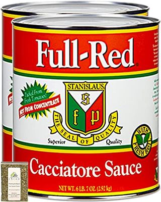 Full-Red, Stanislaus Cacciatore Sauce (Chunky Strips of Peeled Tomato, Basil &amp; Extra Virgin Olive Oil), Size #10 (6 lb, 7 oz), 103oz (Pack of 2)+Includes-Free Basil Leaves from Rhino Fine Foods,.071oz