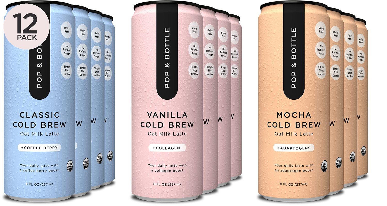 Pop &amp; Bottle, Oat Milk Lattes - Cold Brew, Maca, Antioxidants, Ashwagandha, MCT Oil, Collagen, Organic, Diary Free, Gluten Free, Lightly Sweetened with Dates - Variety, 8 Fl Oz (12 Pack)