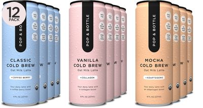 Pop &amp; Bottle, Oat Milk Lattes - Cold Brew, Maca, Antioxidants, Ashwagandha, MCT Oil, Collagen, Organic, Diary Free, Gluten Free, Lightly Sweetened with Dates - Variety, 8 Fl Oz (12 Pack)