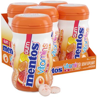 Mentos Gum with Vitamins, Sugar Free Chewing Gum with Xylitol, Citrus Flavor, Holiday Christmas Stocking Stuffers for Adults, Vitamins B6, B12 and C, Bottle of 45 (Bulk Pack of 4)