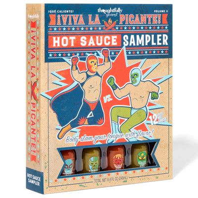Thoughtfully Gourmet, Luchador Hot Sauce Book Gift Set, Flavors Include Smoky Bourbon, Habanero, Garlic Del Fuego &amp; More, Hot Sauce Sampler, Set of 12