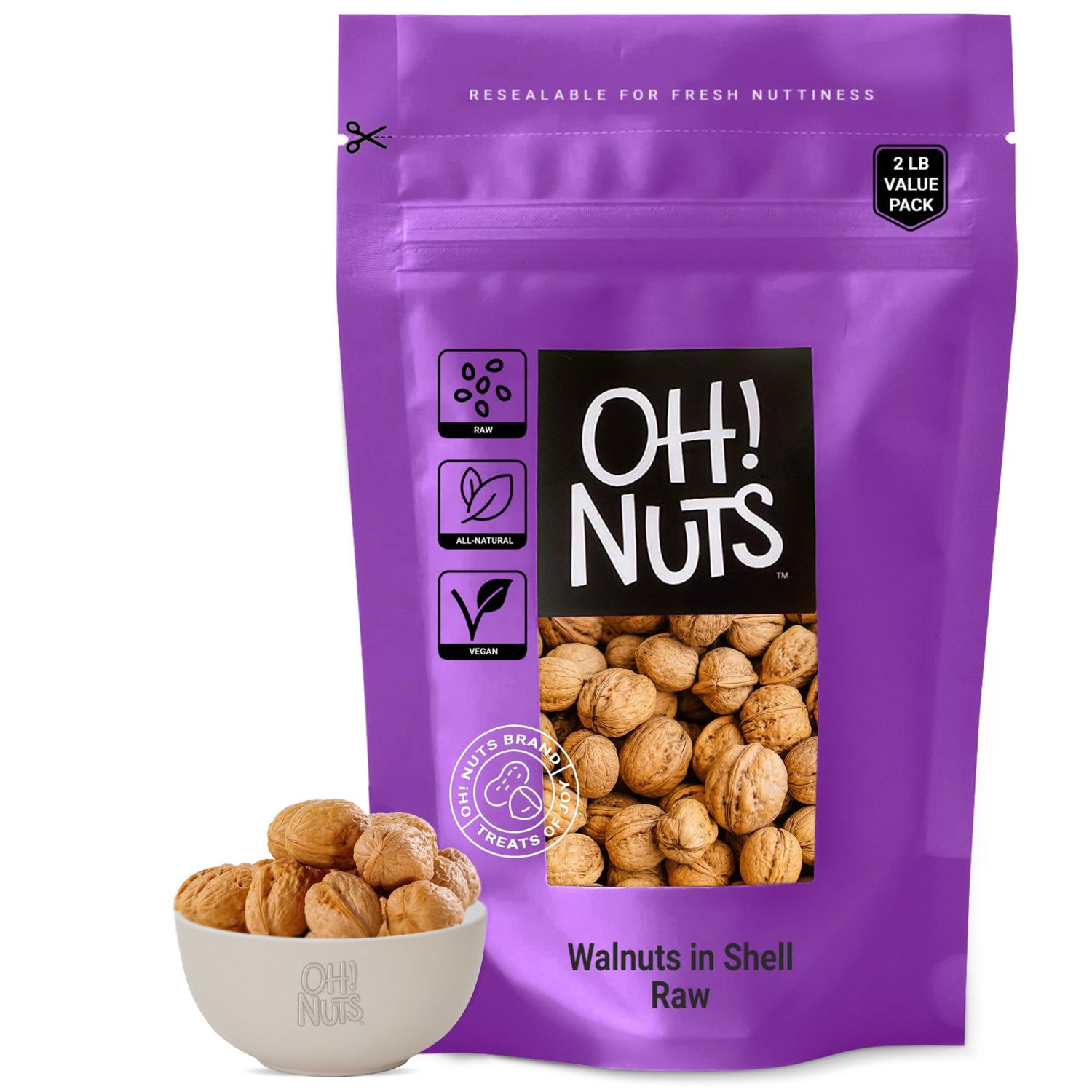 Walnuts in Shell | Raw - 100% Natural | 2 lb | Whole Walnuts for a Healthy Vegan Snack | Packed in New York Zip-Seal Bag for Exceptional Freshness by Oh Nuts