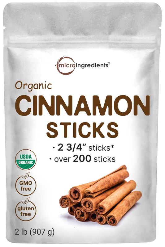 Micro Ingredients Organic Cinnamon Sticks Whole, 2lbs (200+ Sticks) | 2  Stick Size | Raw Cinnamon Spice Flavor &amp; Aroma | Great for Tea, Desserts or Cooking | Non-GMO, Vegan Friendly, Bulk Supply