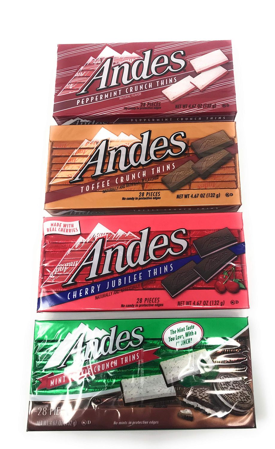 Andes Candies Chocolate Variety Pack of 4 Flavors: Peppermint Crunch, Toffee Crunch, Cherry Jubilee, Mint Cookie Crunch (4.67 oz./28 Pieces Each)