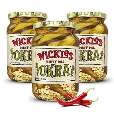 Wickles Pickles Dirty Dill Okra (3 Pack) - Dill Hot Pickled Okra - Extra Dirty, Super Spicy, Wickedly Delicious (16 oz. Jars)