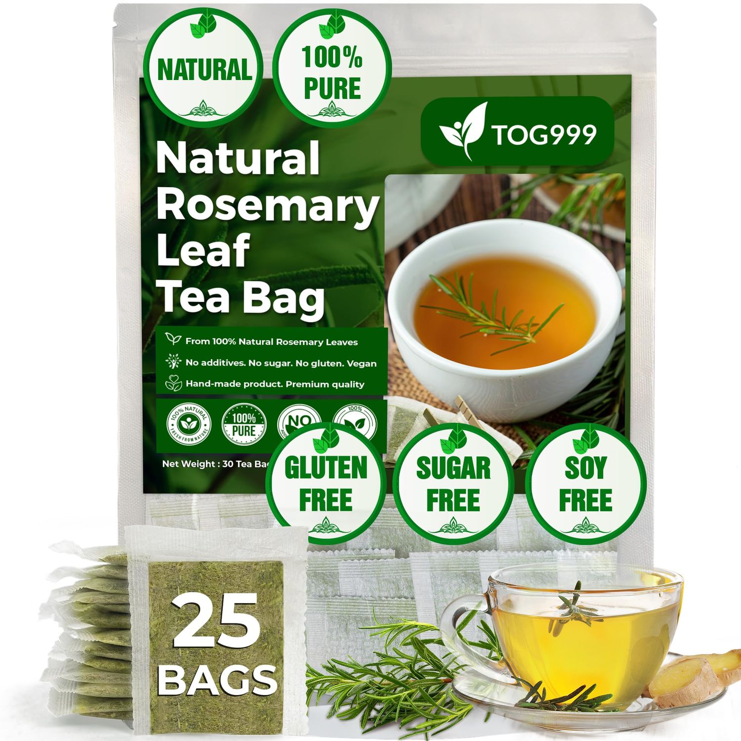 TOG999, 25 Rosemary Leaf Tea Bags, 100% Natural &amp; Pure from Rosemary Leaves. Loose Leaf Rosemary Herbal Tea. Rosemary Leaf Tea. No Sugar, No Caffeine, No Gluten, Vegan.