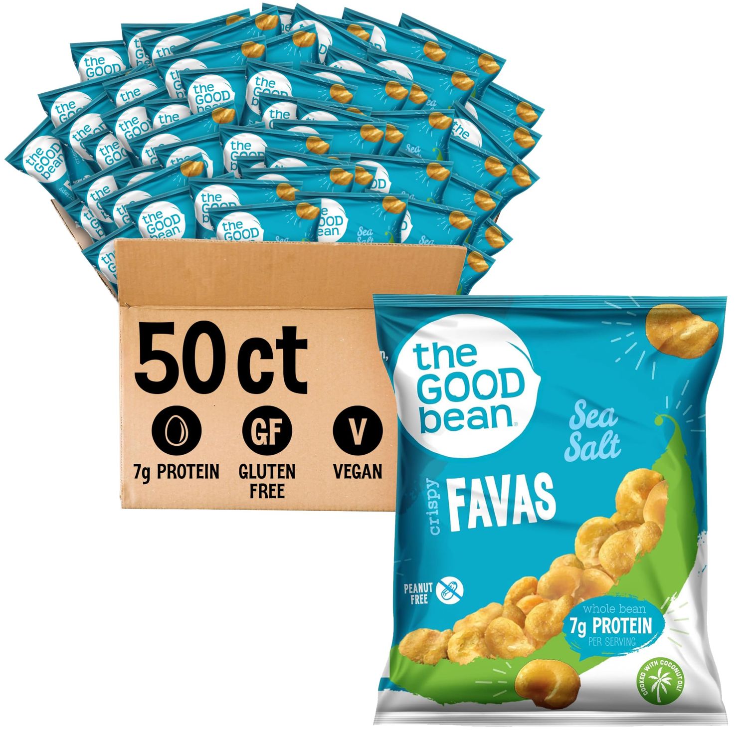 The Good Bean Crispy Favas - Sea Salt - (50 Pack) 1 oz Bag - Fava Beans - Vegan Snack with Good Source of Plant Protein and Fiber