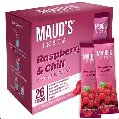Maud&#39;s Instant Raspberry Tea (Insta Raspberry &amp; Chill), 26ct. Solar Energy Produced Single Serve Raspberry Flavored Tea Instant Travel Stick Packs, Instantly Hot or Iced Tea, 100% California Tea Blend