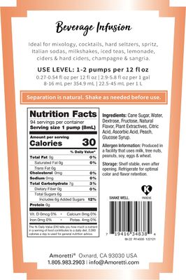 Amoretti - Peach Beverage Infusion, 94 Servings Per Bottle (750 ml) - Drink Mix &amp; Water Enhancer with Pump for Flavoring Cocktails, Waters, Teas, and other Beverages, Preservative Free