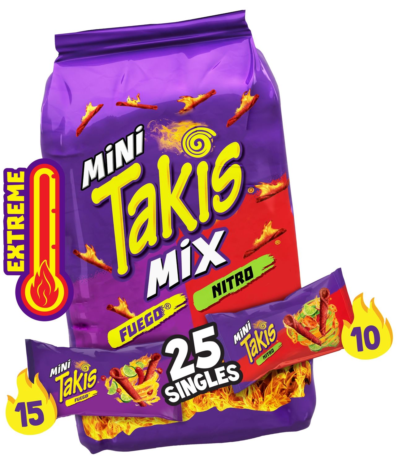 Takis Mini 25 pc / 1.23 oz Bite Size Variety Pack, Assorted Flavored Mixed Rolled Tortilla Chips - (15) Fuego Mini 1.23 oz, (10) Nitro Mini 1.23 oz