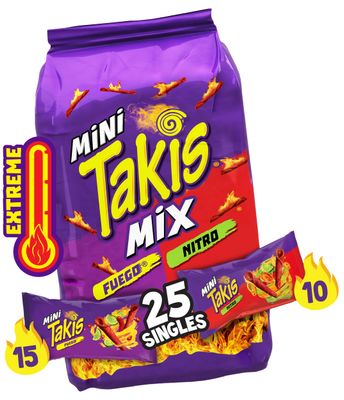 Takis Mini 25 pc / 1.23 oz Bite Size Variety Pack, Assorted Flavored Mixed Rolled Tortilla Chips - (15) Fuego Mini 1.23 oz, (10) Nitro Mini 1.23 oz
