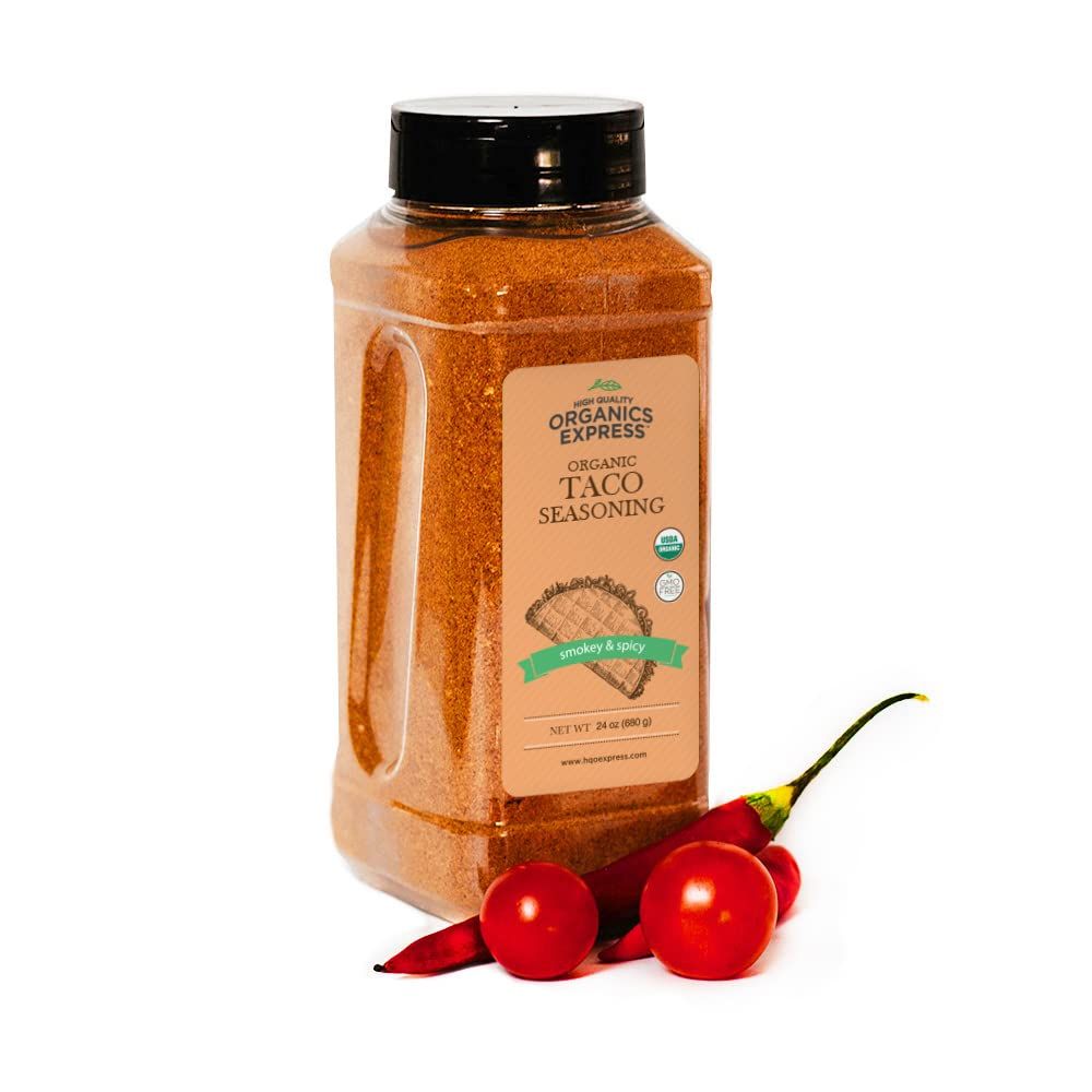 HQOExpress Organic Taco Seasoning - Non GMO, Kosher, USDA Certified Organic Spice Blend with Paprika, Garlic and Onion - Smokey and Spicy Mexican Mix for Tacos, Burritos and Chili, 24 oz. Chef Jar