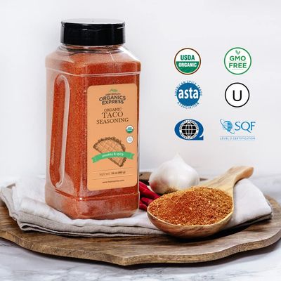 HQOExpress Organic Taco Seasoning - Non GMO, Kosher, USDA Certified Organic Spice Blend with Paprika, Garlic and Onion - Smokey and Spicy Mexican Mix for Tacos, Burritos and Chili, 24 oz. Chef Jar