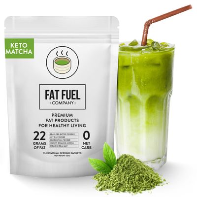 FAT FUEL Keto Matcha 22g Premium Fats - With Grass Fed Butter, MCT Oil, Coconut &amp; Redmond Real Salt - Instant Organic Matcha, Zero Net Carb, A True Meal Replacement - 15 Servings