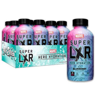 AriZona x Marvel Super LXR Hero Hydration - Acai Blueberry - 16oz (Pack of 12) - Low Sugar Sports Drink, Perfect for Athletes, Vitamins and Natural Flavors - Thirst Quencher