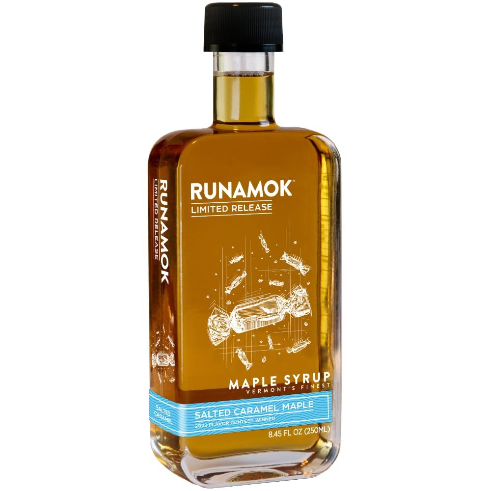 Runamok Maple Salted Caramel Maple Syrup - Authentic &amp; Real Vermont Maple Syrup | Gluten Free &amp; Natural Sweetener | Breakfast, Coffee, Pancakes Maple Syrup | 8.45 Fl Oz (250mL)