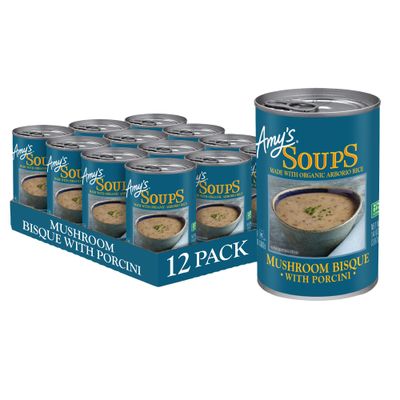 Amy&#39;s Soup, Mushroom Bisque Soup With Porcini, Gluten Free Organic Blend of Mushrooms, Rice, Vegetables and Cream, Canned Soup, 14 Oz (12 Pack)