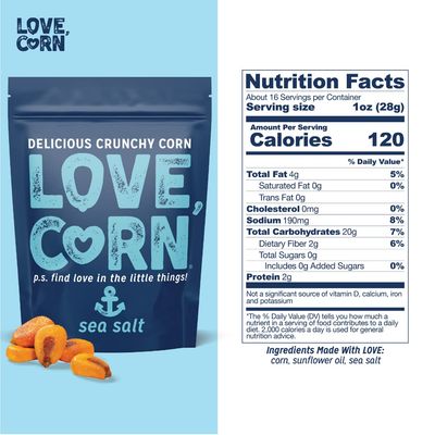 LOVE CORN Sea Salt 16oz x 1 Bag - Delicious Crunchy Corn - Healthy Family Snacks - Gluten Free, Kosher, Non-GMO- Alternative for Chips, Nuts, Crackers & Pretzels - Perfect for Charcuterie Boards