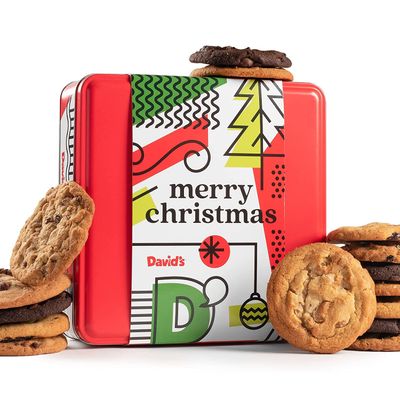Davids Gourmet and Fresh Baked Merry Christmas Cookies - 1Lb Assorted Holiday Cookies Tin in a Christmas Gift Box - All Natural and Handmade Soft Variety Cookies - Premium Christmas Gift Tin