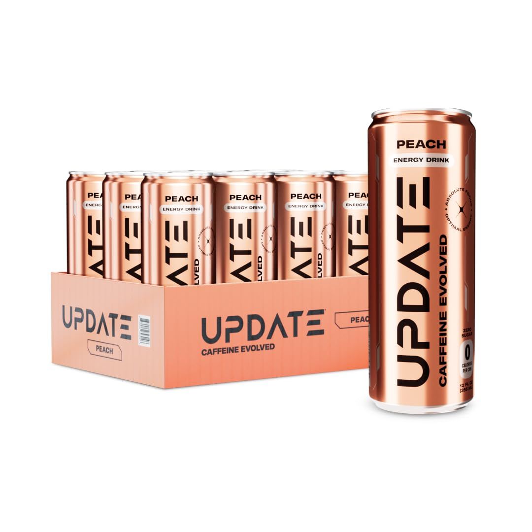Drink Update Energy Drink with Paraxanthine - Jitter Free, Crash Free, No Overstimulation, No Withdrawal - Caffeine and Sugar Free (Peach, 12 Pack)