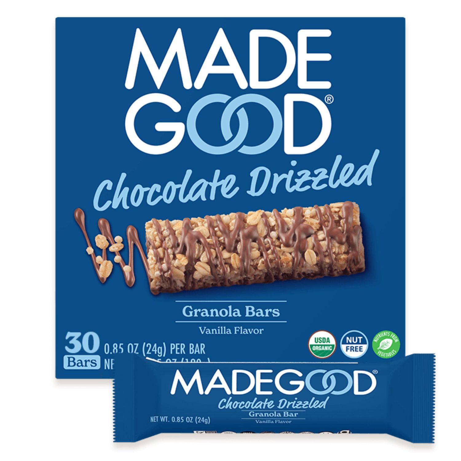 MadeGood Chocolate Drizzled Granola Bars Vanilla 30 Count Bulk Gluten Free Snacks