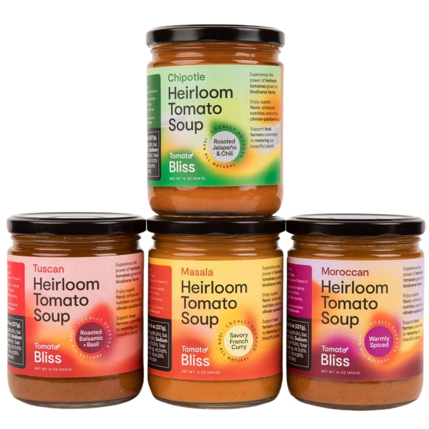 Tomato Bliss Variety Pack Heirloom Tomato Soup, All Natural, Non-GMO, Vegan, Dairy-Free, No Added Sugar, Healthy Tomato Soups, High in Vitamin C and antioxidants (16 oz, 4-pack)
