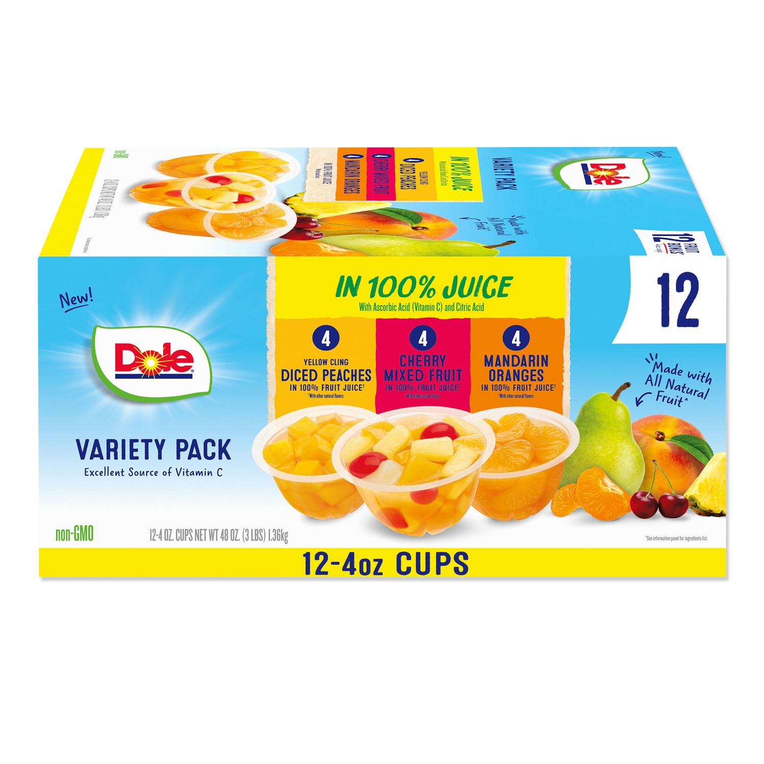 Dole Diced Peaches, Mandarin Oranges, and Cherry Mixed Fruit in 100% Juice Variety Pack - Dole Fruit Bowls Snacks - 4 oz Fruit Bowls - 12 Pack